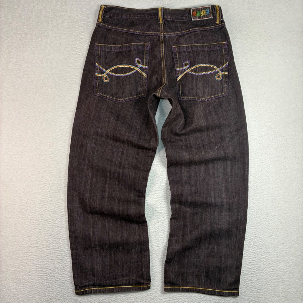 Y2K CSMX Baggy Jeans Men 36x31 Brown Faded Embroidered Loose Skater Vintage